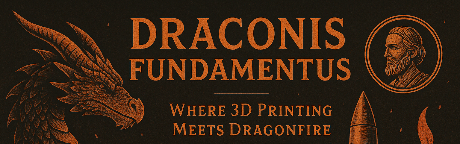 Promotional graphic for 'Draconis Fundamentus' with a dragon, 3D printer, and rocket on a dark background.